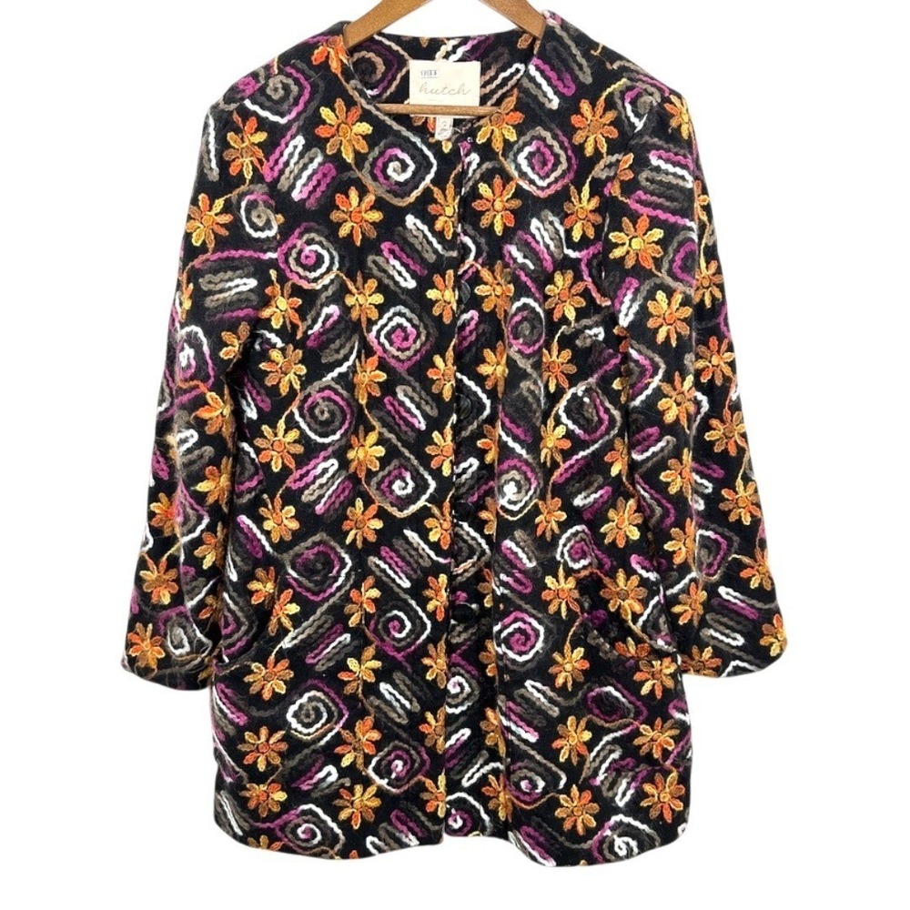 Hutch Embroidered Floral Spiral Button Front Jacket‎ Multicolor Retro Feminine